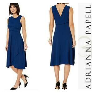 Adrianna Papell Asymmetrical Bias Cut Fit and Flare Navy Blue Dress size 10